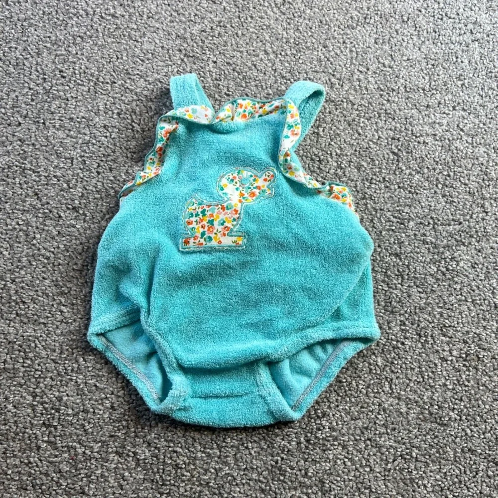 vintage romper‎ bubble infant small 0-3m Teal Terry Cloth Duck Applique 80s USA